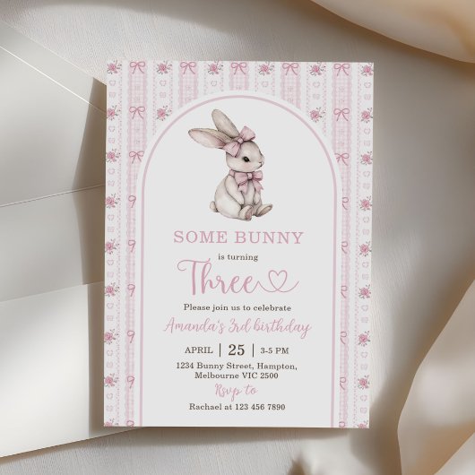 Häschen mit rosa Schleife Vintage-Hase 3. Geburtst Einladung