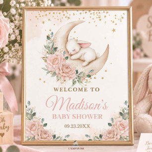 Häschen-Mond-Rosa-Hauch-Blumen-Baby-Party Poster