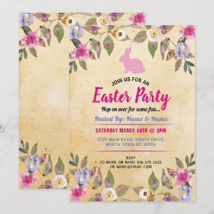 Häschen-Ostern-Party-Blumen-Vintages Rosa laden Einladung