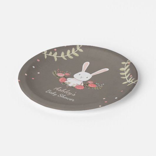 Häschen-PapierTeller-Babydusche Waldrosa-Mädchen Pappteller (Schrägansicht)