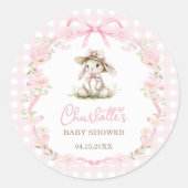 Häschen Rosa Schleife Gingham Baby Shower Runder Aufkleber (Vorderseite)