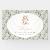 Häschen, Schleife, rosa Blumen, Willkommensschild Banner (Horizontal)