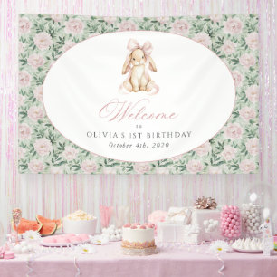 Häschen, Schleife, rosa Blumen, Willkommensschild Banner