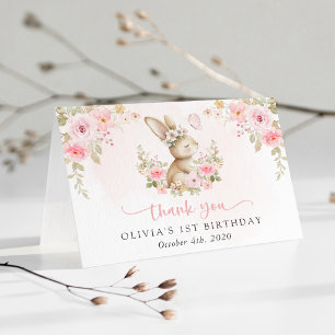 Häschen, Schmetterling, rosa Blumen, erster Geburt Dankeskarte