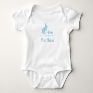 Häschen und Eier in Blau mit Namen Mein erstes Ost Baby Strampler