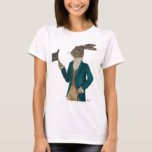 Hase in türkisfarbenem Coat T-Shirt (Vorderseite)