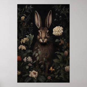 Hase Kaninchen Floral Düsterer Wald Druck, Dunkel Poster