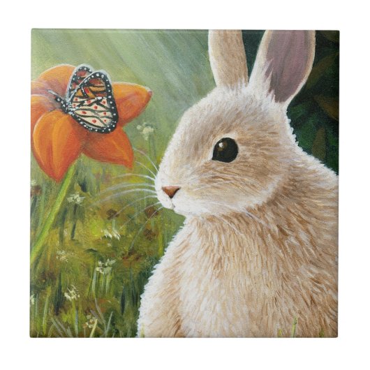 Hase mit 55 Kaninchen und Schmetterling Fliese (Vorderseite)