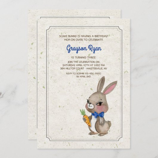 Hase mit Blue Bow Einladung (Vorne/Hinten)