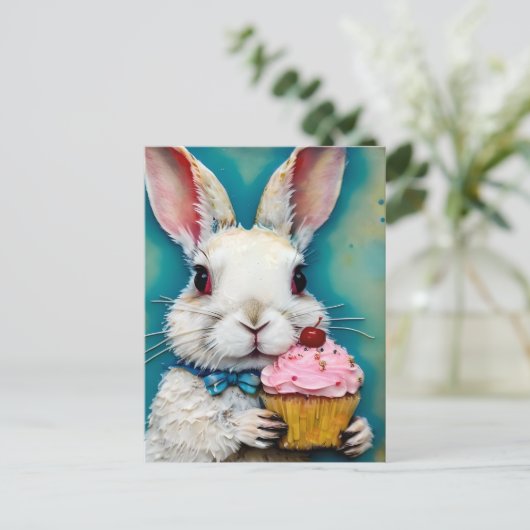 Hase mit Cupcake Postkarte (Stehend Vorderseite)
