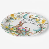 Hase mit dekorativen Eiern I Blumenoster Pappteller (Schrägansicht)