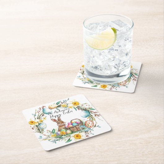 Hase mit dekorativen Eiern I Blumenoster Rechteckiger Pappuntersetzer (Vor Ort)