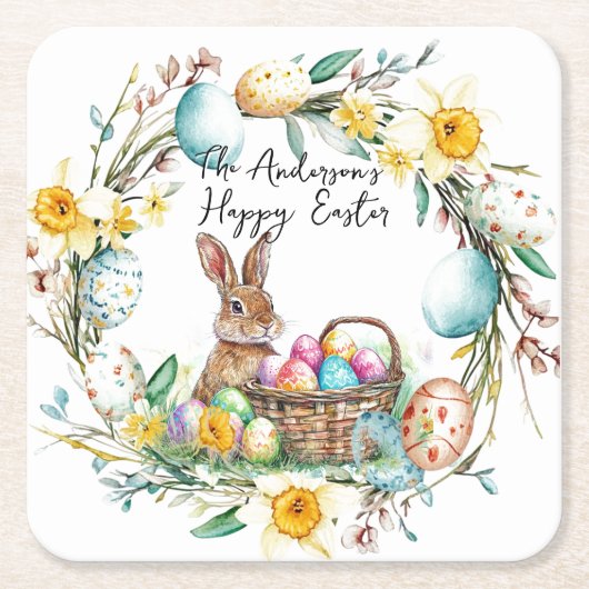 Hase mit dekorativen Eiern I Blumenoster Rechteckiger Pappuntersetzer (Vorderseite)