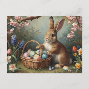 Hase mit Oster-Eierkorb und Frühlingsgarten Feiertagspostkarte