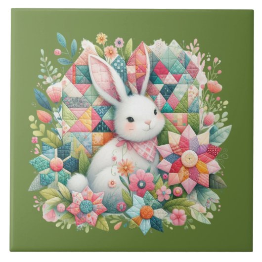 Hase mit Quilt und Blumen Fliese (Vorderseite)