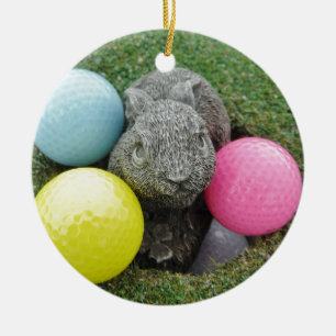 Hase mit rosa blaugelbem Ei Keramik Ornament