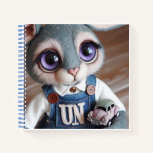 Hase mit Spielzeugauto in Jeans-Overall Notizblock