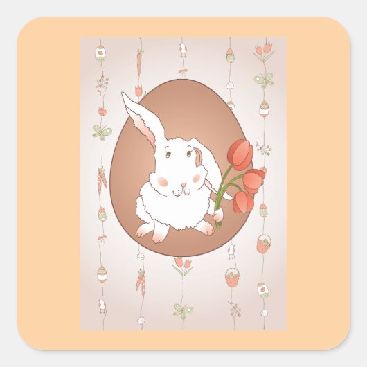 Hase mit Tulips Spring Holiday Rabbit Quadratischer Aufkleber (Vorderseite)