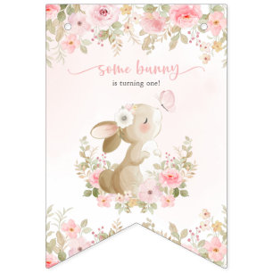 Hase, Schmetterling, rosa Blumen, erster Geburtsta Wimpelkette