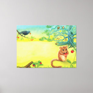 Haselmaus beim Essen von Walderdbeeren  Leinwanddruck