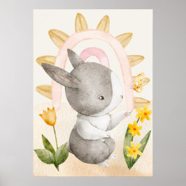 Hasen, Babytiere, Boho, Gelbe Blumen, Regenbogen Poster