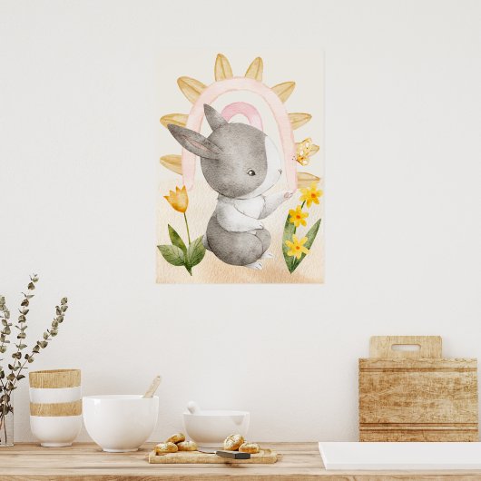 Hasen, Babytiere, Boho, Gelbe Blumen, Regenbogen Poster (Küche)