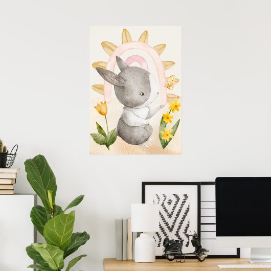 Hasen, Babytiere, Boho, Gelbe Blumen, Regenbogen Poster (Heimbüro)