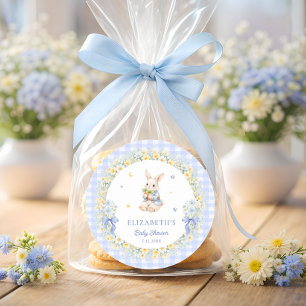 Hasen Blau Gingham Baby Shower Danke Runder Aufkleber