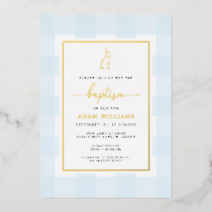 Hasen Blau Gingham Taufe Goldfolie Einladung