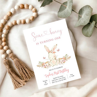 Hasen-Blumen-Einladung zum ersten Geburtstag Einladung