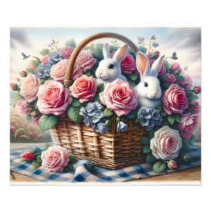 Hasen, gebettet zwischen Cottage-Rosen Fotodruck