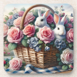 Hasen, gebettet zwischen Cottage-Rosen Getränkeuntersetzer