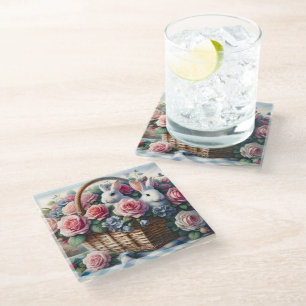 Hasen, gebettet zwischen Cottage-Rosen Glasuntersetzer