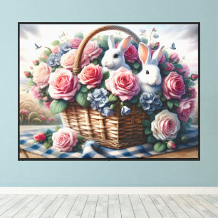 Hasen, gebettet zwischen Cottage-Rosen Leinwanddruck