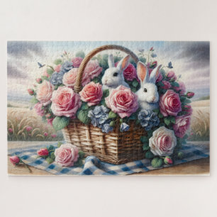 Hasen, gebettet zwischen Cottage-Rosen Puzzle