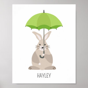 Hasen mit Regenschirm personalisierter Name Kinder Poster