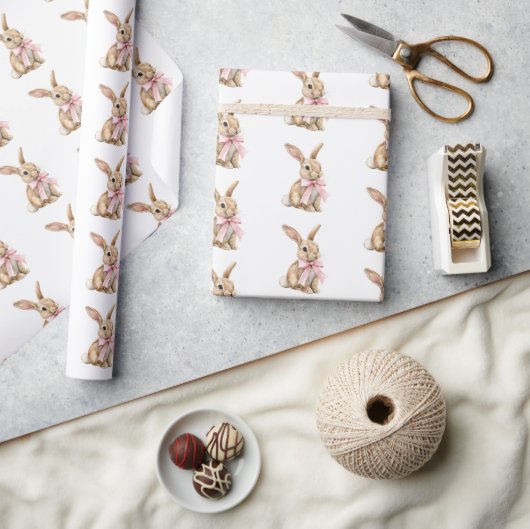 Hasen mit rosa Schleife Geburtstag Geschenkpapier (Kunsthandwerk)