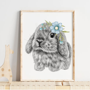 Hasen-Nursery-Druck mit blauem Band Hasen-Druck Poster