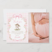Hasen-Pink-Schleife Gingham-Baby-Shower-Foto Dankeskarte (Vorderseite)