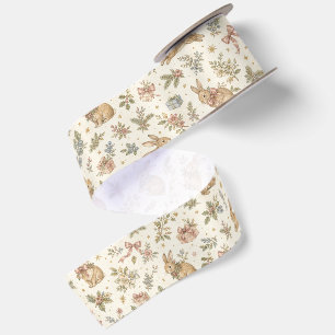 Hasen-Rosé-Winter-Blumen-Vintage-Ornament Satinband