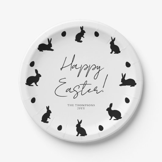 Hasen und Eier in schwarz, modernes Frohe Ostern Pappteller (Vorderseite)
