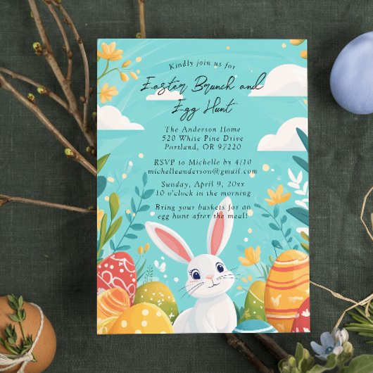 Hasen- und Eiertöpfe Osterblau Brunch und Eierjagd Einladung