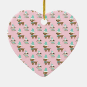 Hasen und Rentiere über blassrosa Feiertags-Kunst Keramik Ornament