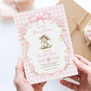 Hasenbaby-Party mit rosa Schleife und Gingham-Must Einladung