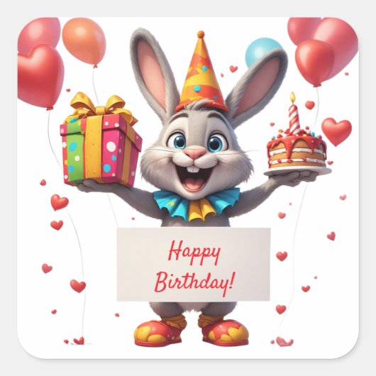 Hasenfeier mit Geschenk und Luftballons 🐰 Quadratischer Aufkleber (Vorderseite)