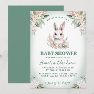 Hasenkaninchen Softgrün & Florale Babyparty Einladung