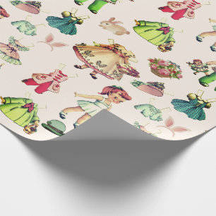 Hasenohren mit Vintage-Paperdoll und Outfits Geschenkpapier