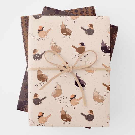 Hasenvögel mit Hüten und Weihnachtsschmuck Geschenkpapier Set (Beispiel)