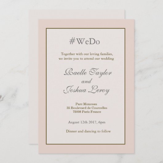 Hashtag personalisierte Blütenpfirsich Graue Hochz Einladung (Vorne/Hinten)