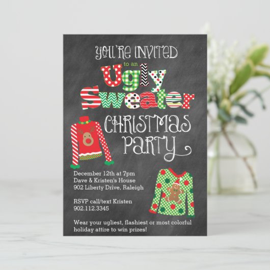 Hässliche Strickjacke-WeihnachtsParty-Tafel-Art Einladung (Stehend Vorderseite)